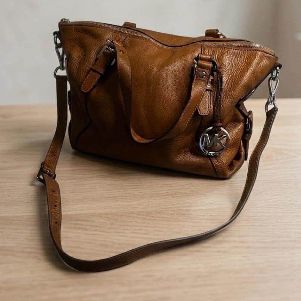 Michael Kors Bedford Brown Pebbled Leather Satchel Crossbody Purse Bag